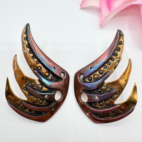 Artisan Flame Wing Earrings Handmade Heat Patina Burning Man Edgy Avant Garde - Picture 1 of 13